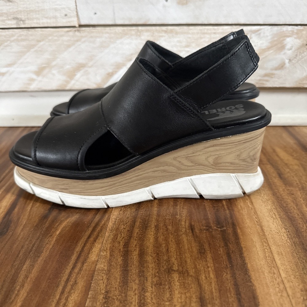 Sorel Black Joanie Wedge Sandals | Women's Leather Slingback 7.5 Fast Shipping - Picture 6 of 12
